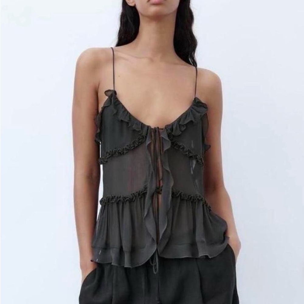 Zara gray Ruffled Camisole with Tie Front
